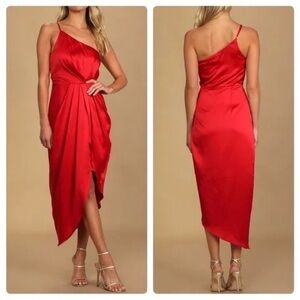 Womens New Lulus Law of Attraction Red Satin One-Shoulder Asymmetrical Midi Dres